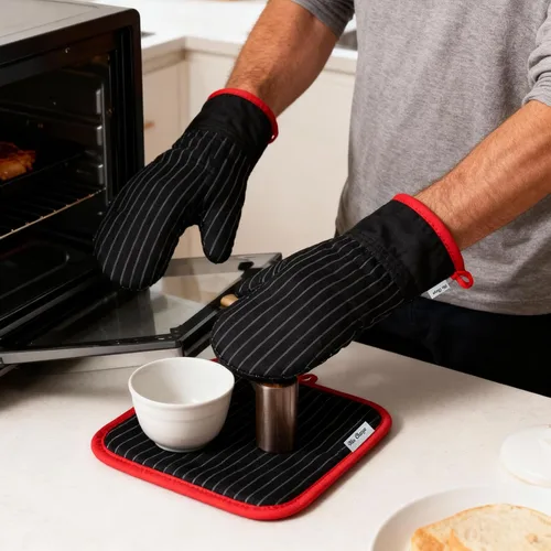 Miniatura 4 de Juego de manoplas de horno y soportes para ollas, guantes de horno y agarraderas con algodón de alta resistencia al calor, extra gruesos, largos