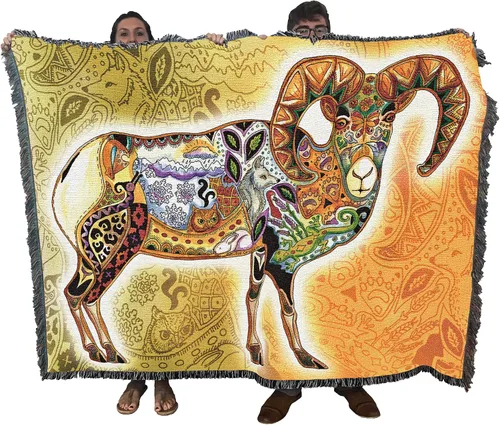 Pure Country Weavers Sue Coccia - Manta de ovejas de cuerno grande, tótem de espíritus animales, manta de regalo tejida de algodón, fabricada en los