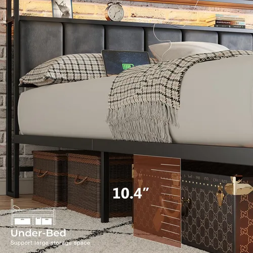 Miniatura 7 de Marco de cama tamaño twin con estación de carga y luces LED, marco de cama de metal con cabecero, cabecera tapizada negra con estantes