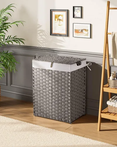 Miniatura 2 de Greenstell Cesta para la ropa sucia con 2 bolsas de forro extraíbles – Cesta de ropa dividida de 90 L, cesta de lavandería plegable de ratán Gris