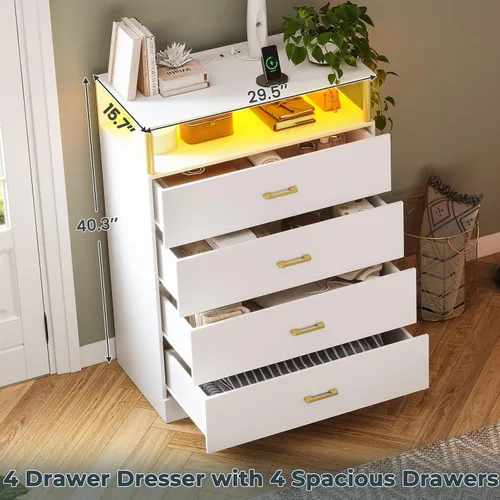 Miniatura 9 de AOGLLATI Cómoda blanca para dormitorio con diseño de columna, cómoda de 4 cajones con estación de carga, cómoda moderna led alta para dormitorio