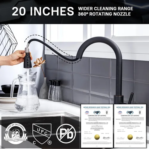 Miniatura 3 de WEWE Grifos de cocina con pulverizador desplegable, grifo de cocina de estilo granja en bronce cepillado con aceite, comercial, moderno, de arco