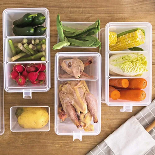 Miniatura 5 de Paquete de 2 recipientes de almacenamiento de plástico divididos para verduras con tapas y asas para almacenamiento de refrigerador, cajas