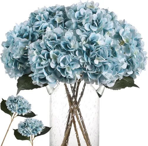 Kisflower Flores artificiales de hortensias azules, 6 unidades, flores falsas para centro de mesa, flores de hortensias de seda azul con tallos para