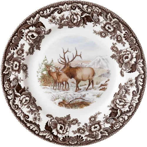 Miniatura 18 de Spode Woodland - Plato de ensalada de porcelana fina, diseño de lucioperca con borde floral marrón, vajilla clásica de campo inglés para cenas