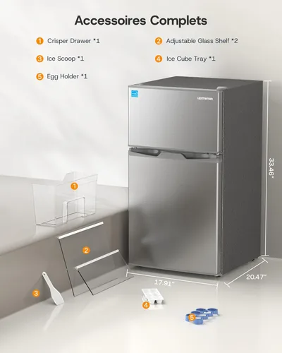 Miniatura 2 de Upstreman Mini refrigerador de 3.1 pies cúbicos con congelador, refrigerador pequeño de doble puerta, termostato ajustable, mini refrigerador