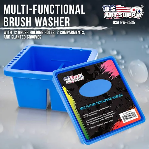 Miniatura 2 de U.S. Art Supply Limpiador de pinceles de plástico multifunción de 12 agujeros y soporte para pinceles con tapa de paleta, lavadora para acrílico