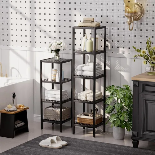 Miniatura 4 de SMIBUY Estante de almacenamiento para baño, organizador de bambú de 4 niveles, estantería multifuncional para sala de estar, dormitorio, cocina Negro