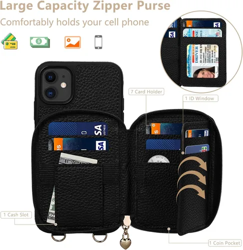 Miniatura 3 de Funda para iPhone 11 de 6.1 pulgadas, cartera cruzada con cremallera y ranuras para tarjetas de bloqueo RFID, soporte de soporte, cordón desmontable