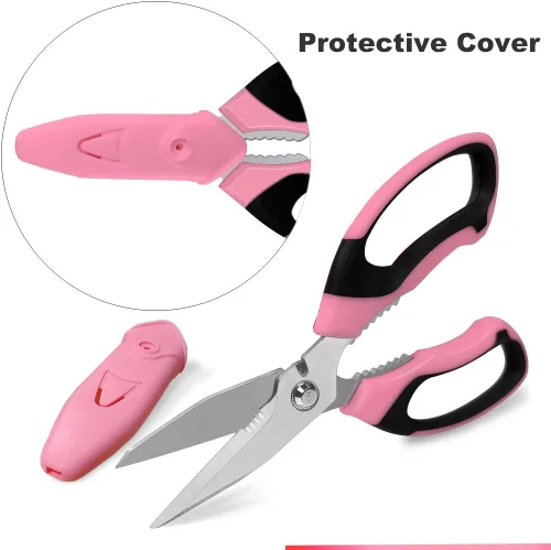 Miniatura 6 de Tijeras resistentes de 8'' de usos múltiples con cubierta protectora, hojas serradas de acero inoxidable, corte fácil de cartón, cuero, tela, cables