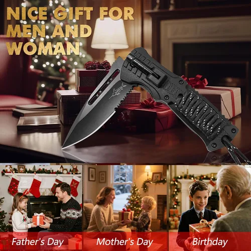 Miniatura 9 de XIPHIAS Cuchillo plegable de supervivencia - Multiherramienta de acero inoxidable con luz LED, iniciador de fuego, silbato y paracord, clip