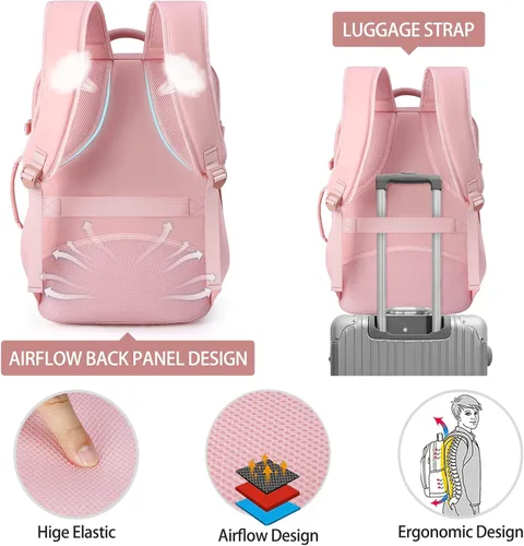 Miniatura 8 de Lubardy Mochila de viaje para laptop 40L, aprobada para vuelos, mochila de mano para hombres y mujeres, Grande, Viajes Rosa