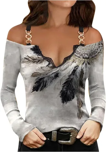 Camiseta de manga larga para mujer, talla grande, con hombros descubiertos, estampado floral, cuello en V, encaje, sexy, blusa tipo túnica, Nuevo