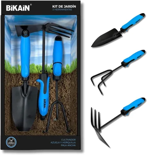 Kit de jardinería - 3 herramientas - Incluye pala ancha, lanza+tenedor y cultivador - Mangos ergonómicos y antideslizantes - Herramienta de acero