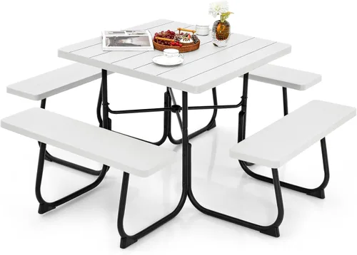 Miniatura 11 de Tangkula Mesa de picnic para 8 personas, mesa de picnic cuadrada al aire libre con 4 bancos integrados, agujero para paraguas, marco de metal y mesa