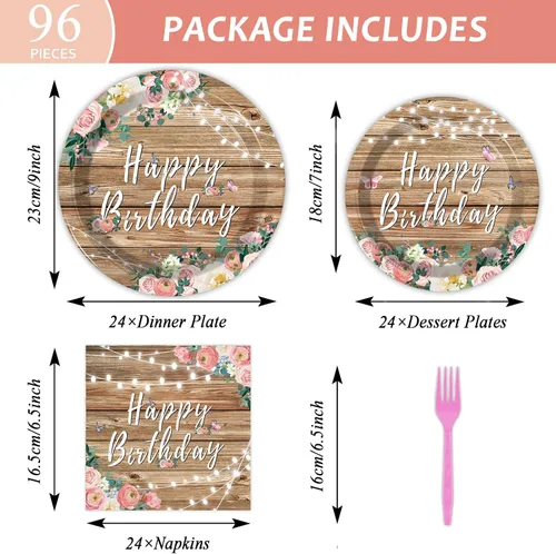 Miniatura 2 de Juego de 96 platos de fiesta de cumpleaños con flores de madera de grano de madera rosa y flores rústicas para niñas y niños, suministros de fiesta
