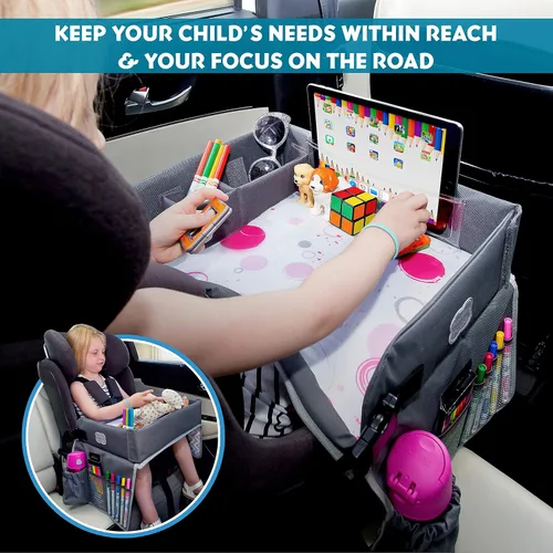 Miniatura 7 de Kenley Kids Bandeja de viaje, bandeja de regazo para asiento de automóvil para niños pequeños, mesa de actividades esenciales para viajes por Azul