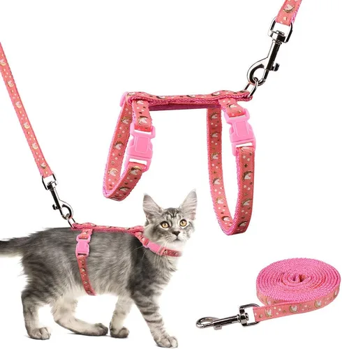 Juego de arnés y correa para gatos, lunas doradas, estrellas, nailon suave, a prueba de escapes, ajustable para gatitos y animales pequeños que