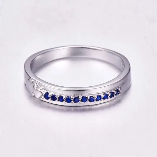 Miniatura 49 de Narica Anillo de 21 piedras chapadas en plata, apilables, corte redondo, zafiro azul, circonita cúbica, relleno de circonita cúbica, halo