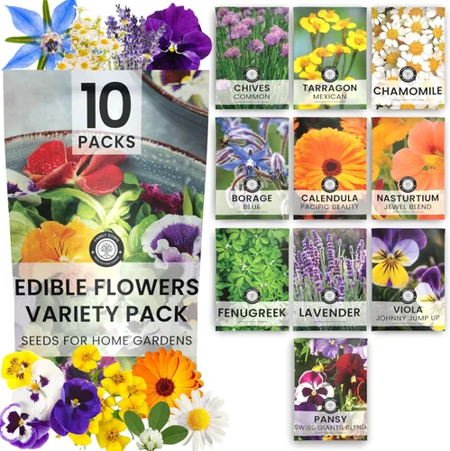 Semillas de flores comestibles | 10 paquetes individuales | Temporada 2026 | Sin OMG | Caléndula, manzanilla, capuchina, viola y más. | para plantar
