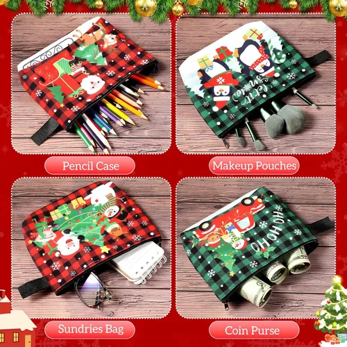 Miniatura 3 de Zonon Juego de 6 bolsas de maquillaje de lona de Navidad, pequeñas bolsas de cosméticos con cremallera portátil, bonita bolsa de estilo cuadros