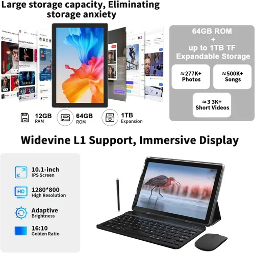 Miniatura 4 de Tablet Android 15 de 10 pulgadas, 12 (3+9) GB RAM+64GB ROM, tabletas 2 en 1 con funda de teclado y mouse Stylus, procesador de cinco núcleos de 1.8