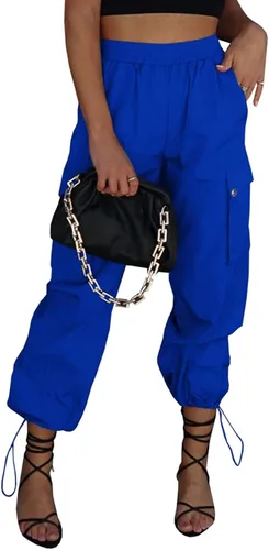 Miniatura 14 de Pantalones de paracaídas para mujer, cintura alta elástica, pantalones cargo Y2K holgados con 4 bolsillos