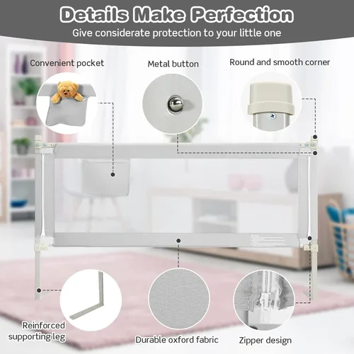 Miniatura 8 de BABY JOY Riel de cama para niños pequeños, 69 pulgadas, extra largo, altura ajustable y plegable, protector de riel de cama de bebé con bolsillo
