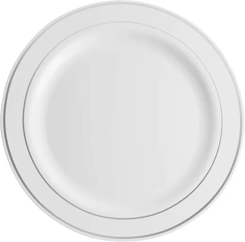 Miniatura 2 de Munfix Juego de 100 platos llanos de plástico plateado, 10.25 pulgadas, desechables, resistentes, elegantes, para bodas, fiestas, color blanco