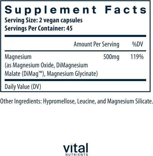 Miniatura 2 de Suplemento de Triple Complejo de Magnesio de Vital Nutrients Magnesio vegano de glicinato, malato y óxido 250mg Suplemento de magnesio de fácil