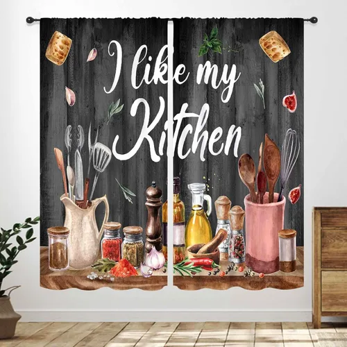 Miniatura 7 de Cortinas Rústicas de Cocina, Tenedor Cuchara Retro Tablón de Madera Granja País Tema de Cocina Citas Divertidas Tratamiento de Ventana