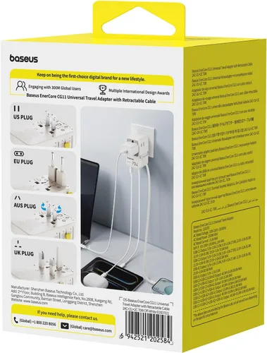 Miniatura 9 de Baseus Adaptador de viaje universal de 70 W con cable retráctil, adaptador de enchufe internacional 6 en 1, cargador de pared USB-C PD de carga