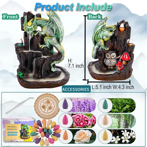 Miniatura 2 de Dragon Backflow - Quemador de incienso de 2 caras en cascada de montaña, soporte de incienso de humo con conos de incienso de reflujo, pinzas, Verde