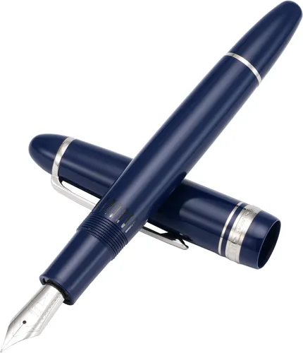 Majohn P136 Pluma estilográfica de pistón, punta extra fina con caja, juego de pluma de escritura de resina azul oscuro Azul - Clip de plata