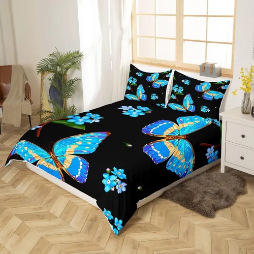 Miniatura 3 de Erosebridal Juego de ropa de cama con diseño de mariposas y flores azules, tamaño individual, funda de edredón floral de acuarela para niños