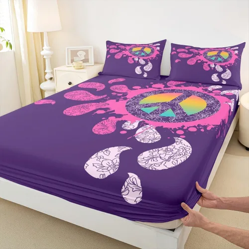 Miniatura 6 de Erosebridal - Juego de sábanas hippie para niños, tamaño doble, diseño de signo de la paz púrpura, sábana bajera bohemia, exótica para niños