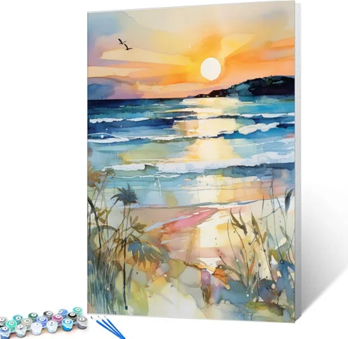 Kits de pintura por números de paisaje de playa al atardecer 16x20 pulgadas lienzo DIY pintura al óleo para niños, estudiantes, adultos Playa