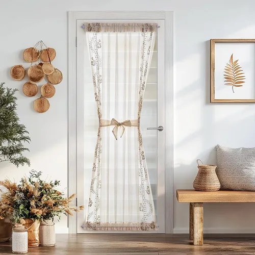 Miniatura 29 de jinchan Cortina de puerta francesa semitransparente con lazos de amarre, cortina de privacidad de gasa bordada floral para puerta de patio, armario