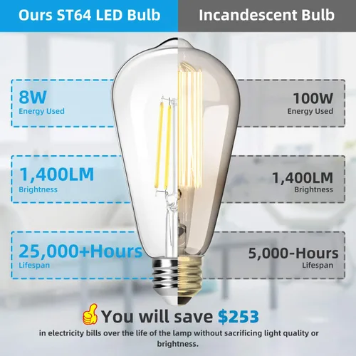 Miniatura 6 de Paquete de 4 bombillas LED Edison vintage ST64 de 8 W, equivalente a 100 W, 1400 lúmenes, luz blanca diurna de 5000 K, bombillas de filamento LED