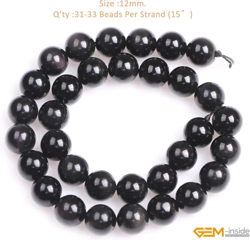 Miniatura 2 de GEM-Inside Cuentas sueltas de gema natural de Obsidiano Negro de 12mm, cuentas redondas de energía para hacer joyas 15" Obsidiana negra