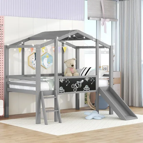 Miniatura 3 de CITYLIGHT Cama loft de madera para niños con tobogán, pizarra, tira de luz y techo, marco de cama de tamaño individual con barandillas de seguridad