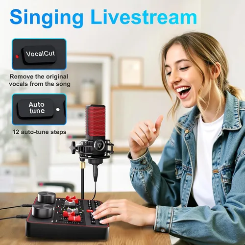 Miniatura 5 de Mezclador de audio, placa de sonido para transmisión en vivo, canto y juegos en PC/teléfono, interfaz de audio para micrófono de 3.5 mm, tarjeta