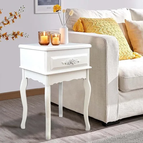 Westcharm Mesita de noche vintage blanca pequeña | Mesa auxiliar Queen Anne | Mesa auxiliar de madera antigua Shabby Chic | Mesita de noche