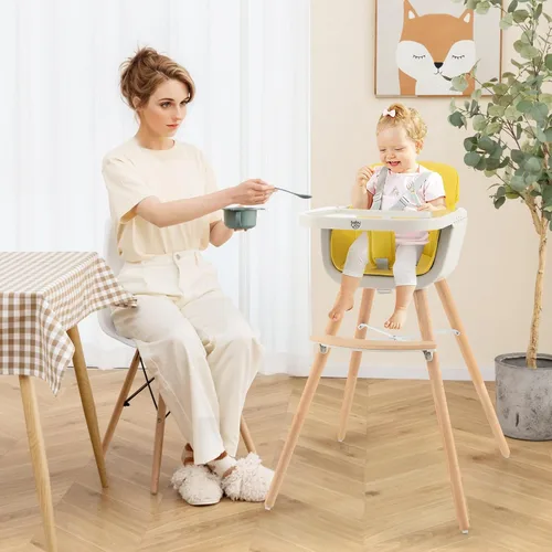 Miniatura 9 de BABY JOY Trona convertible para bebé, 3 en 1, silla alta de madera/asiento elevador/silla con bandeja extraíble, patas ajustables, arnés de 5