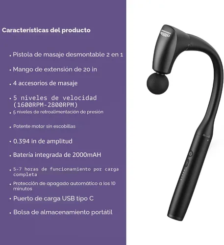 Miniatura 9 de 2-en-1 Pistola de Masaje Muscular Desmontable de Tejido Profundo con Mango Extensible de 20 Pulgadas, Masajador para Espalda y Cuello para Alivio