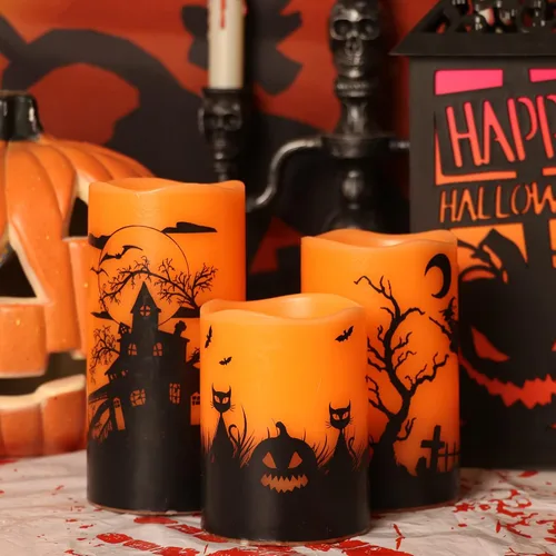 Miniatura 4 de Wondise Velas parpadeantes sin llama de Halloween con temporizador de 6 horas, velas LED de cera real que funcionan con pilas, juego de 3 regalos