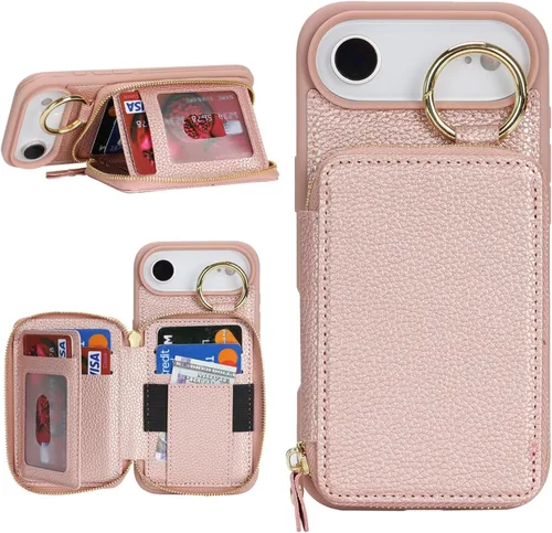 Funda compatible con iPhone Air Wallet con tarjetero para iPhone Air, funda con cremallera y ranura para mujer, 5G de 6.5 pulgadas, color oro rosa