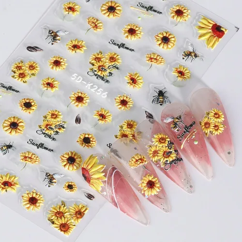 Miniatura 6 de 4 hojas de calcomanías de girasoles para uñas, calcomanías 5D en relieve de flores de sol de verano, calcomanías de uñas grabadas con flores