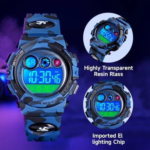 Miniatura 3 de Silike Reloj de pulsera digital para niños con alarma, cronómetro, función de temporizador para niños y niñas (6 a 15 años), color azul militar