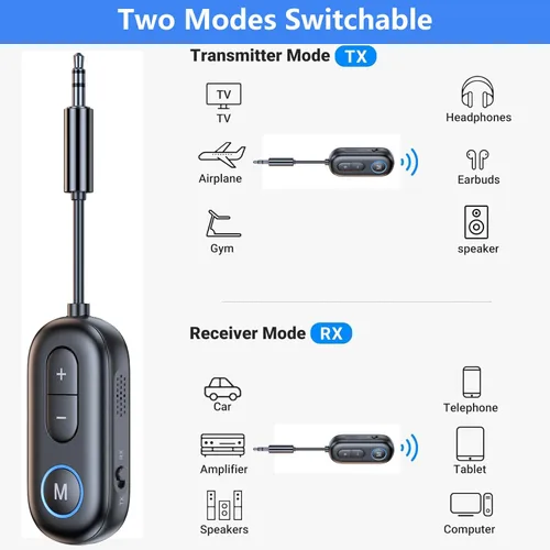 Miniatura 2 de SYENGKKY Transmisor Receptor Bluetooth 5.4 - Adaptador de audio inalámbrico Bluetooth 2 en 1 para auriculares o dispositivos BT - Adaptador de audio